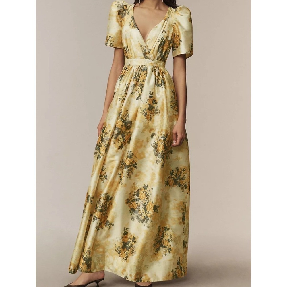 NWOT BHLDN Aurora Puff-Sleeve Taffeta gold / yellow floral Maxi Dress Size 12